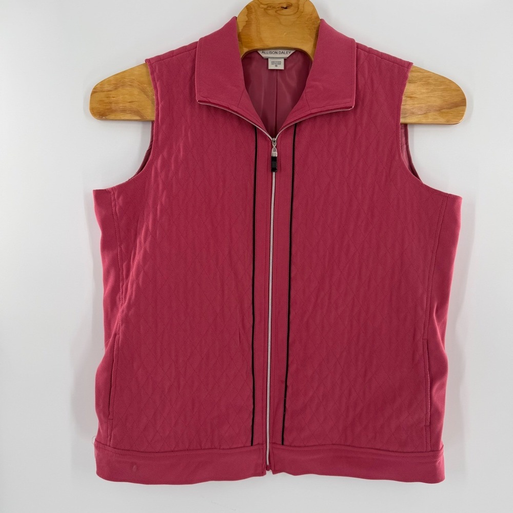 Allison Daley Womens Quilted Zip Front Vest Raspberry Pink Mock Neck Size 16